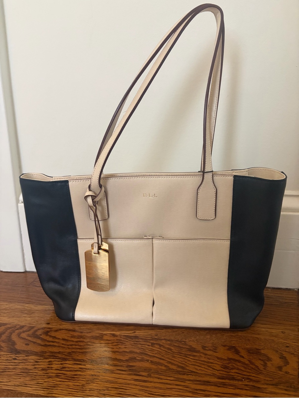 NWT Ralph Lauren Two-Tone Beige and Black Leather Tote